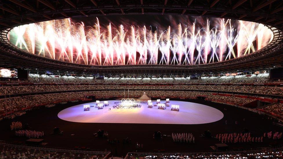 Fireworks at the Tokyo Olympic stadium.