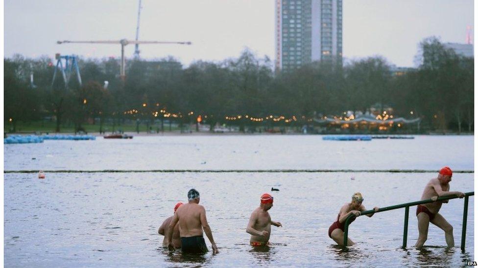 Swimmers in the Serpentine lake in Hyde Park