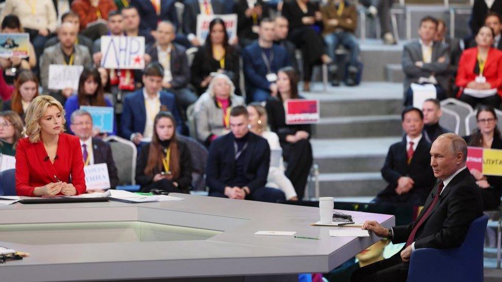 The marathon event, cancelled last year, combines carefully vetted questions from ordinary Russians as well as journalists in the studio