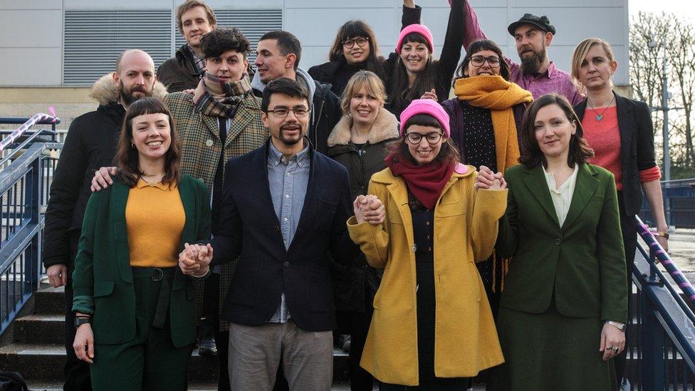 Members of the so-called 'Stansted 15' stand outside Chelmsford Crown Court