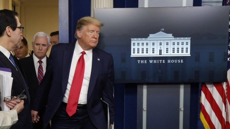 President Donald Trump and Vice-Preisdent Mike Pence at White House briefing, 13 April 2020