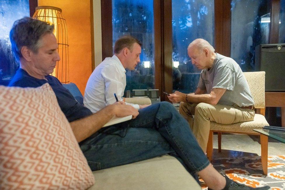 Secretary of State Antony Blinken, National Security Adviser Jake Sullivan and Joe Biden in a meeting responding to the blast in Poland