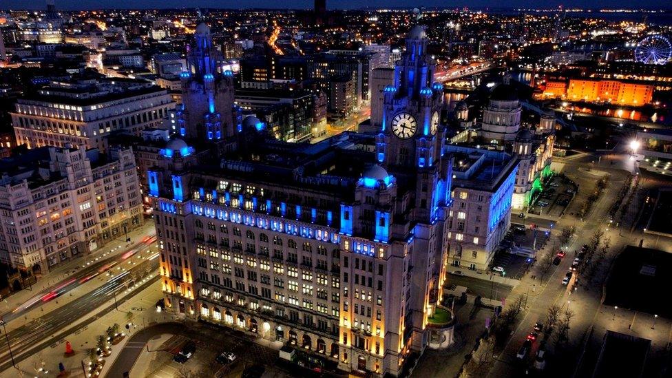 Liver building lit up in Ukraine colours