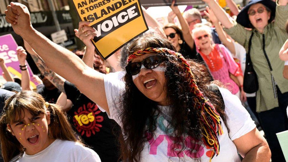 Crowds march during a Walk for Yes rally in Melbourne on 17 September 2023