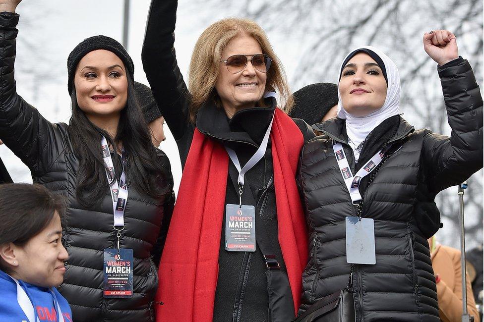 Carmen Perez, Gloria Steinem, Linda Sarsour and (front row) Mia Ives-Rublee