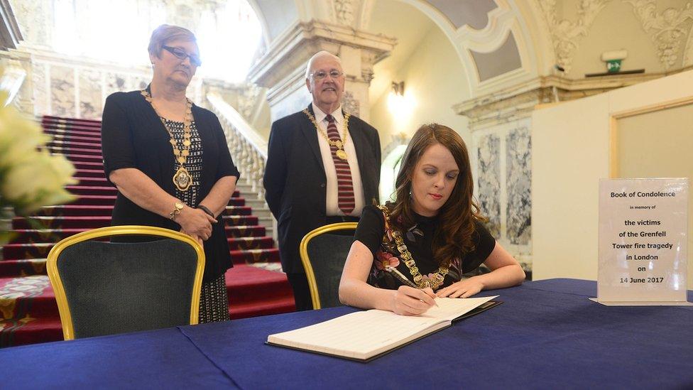 Belfast Lord Mayor, Councillor Nuala McAllister, Deputy Lord Mayor, Councillor Sonia Copeland and Belfast High Sheriff Alderman Tom Haire