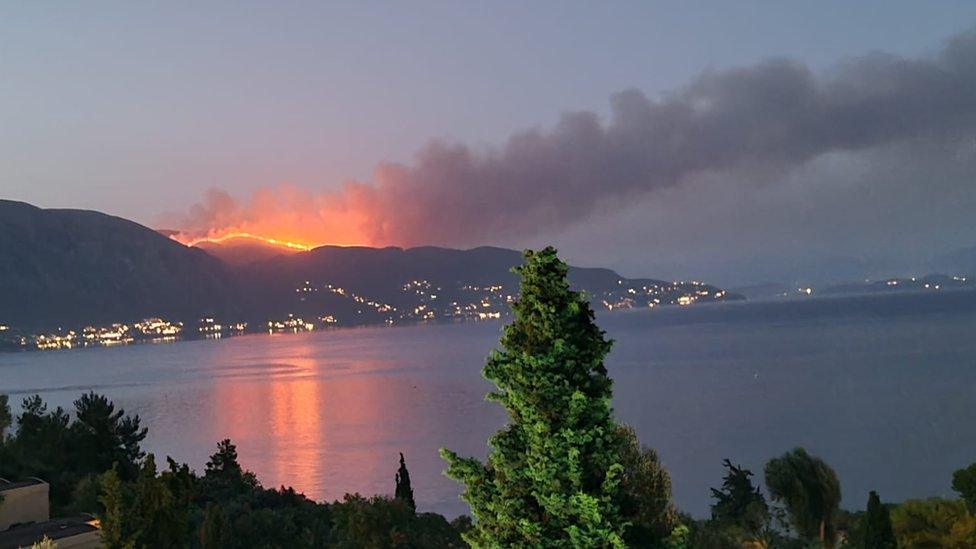 Wildfires seen from a distance on the Greek island of Corfu