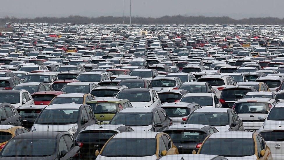 Hundreds of new cars parked up for import and export at Grimsby Docks