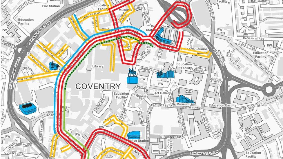 A map of the red route and double yellow lines