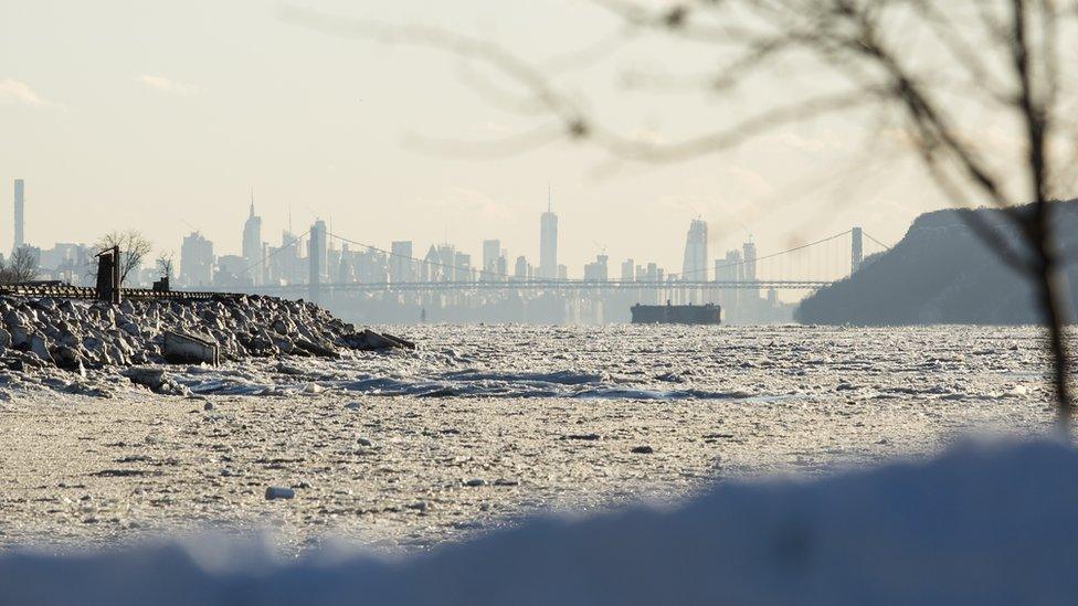 New York City and the frozen Hudson River, 5 January 2018