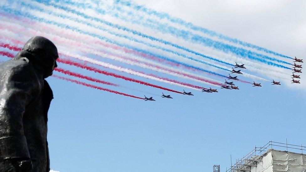 Planes pass over Churchill statue in Parliament Square