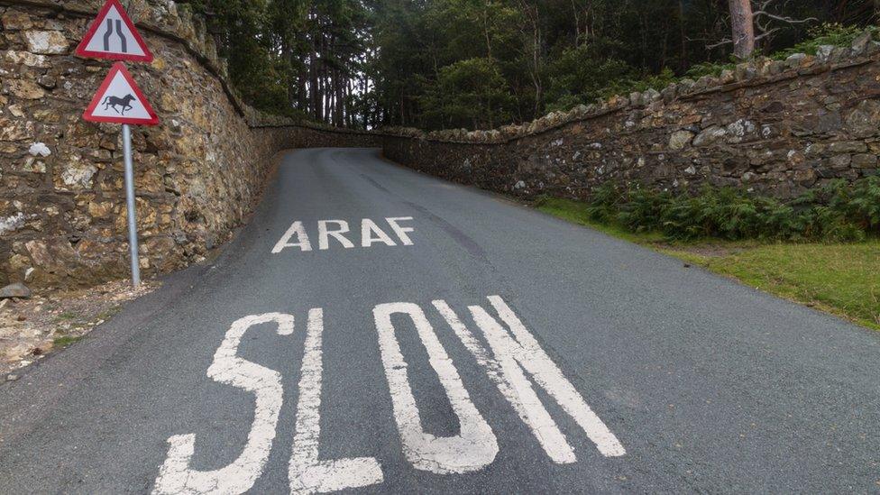 Bilingual road marking: Slow