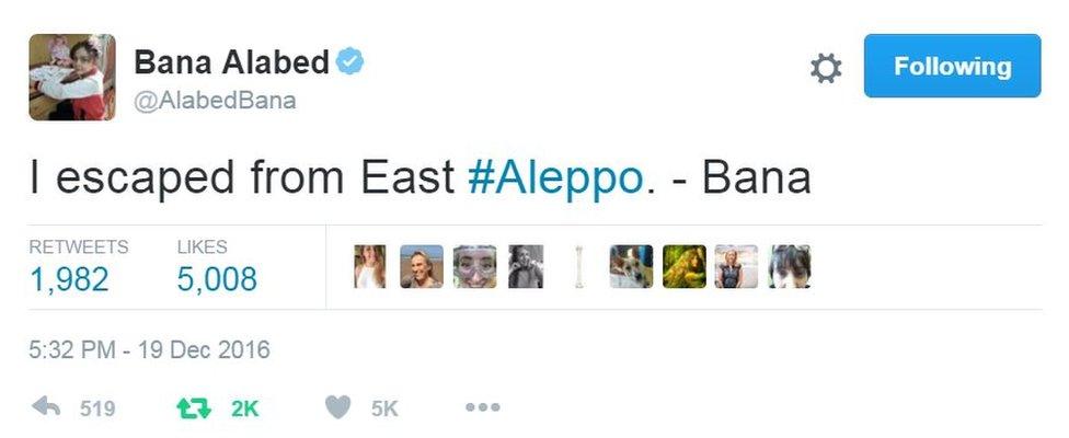 A tweet from Bana Alabed saying "I escaped from East #Aleppo"