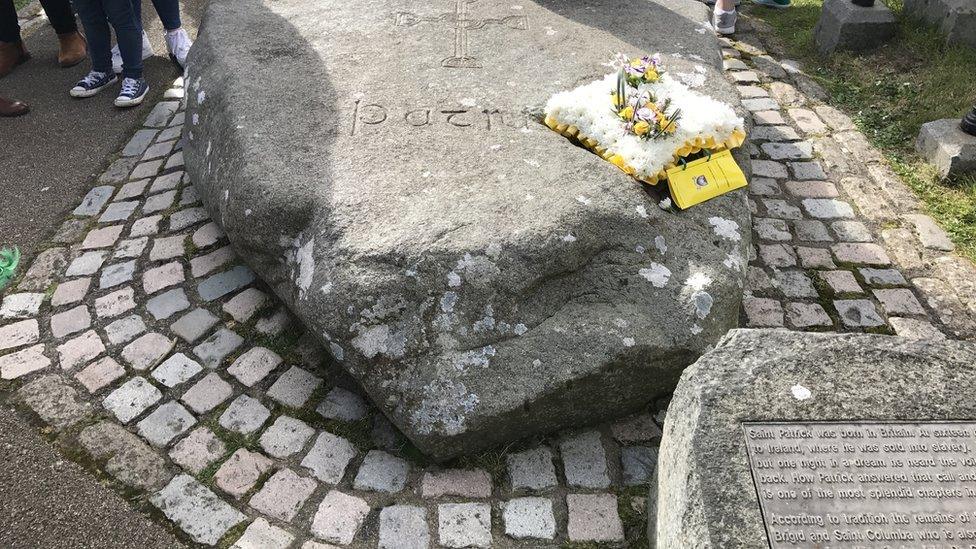 A commemorative stone was placed outside Down Cathedral in the 19th Century but there is doubt over the location of St Patrick's burial site