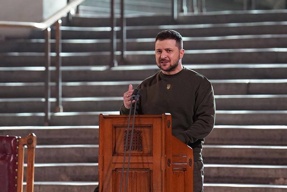 Ukrainian President, Volodymyr Zelensky addresses parliamentarians in Westminster Hall on 8 February 2023 in London, England