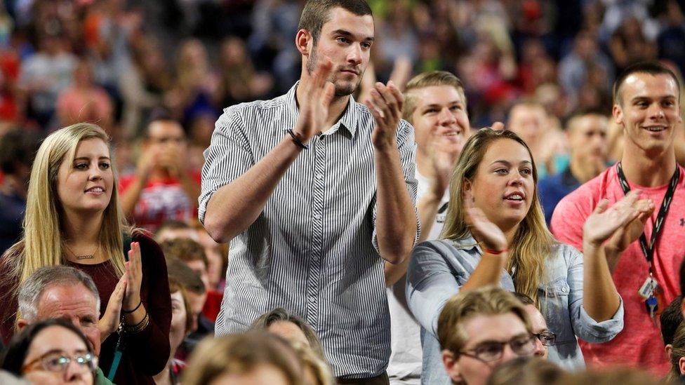 Liberty students applaud during a speech by Democratic presidential candidate, Sen. Bernie Sanders, I-Vt. at Liberty University in Lynchburg, Va., Monday, Sept. 14, 2015.