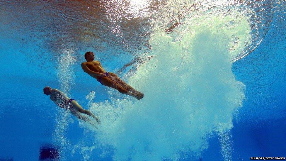 Tom Daley and Peter Waterfield of Great Britain in action during a training session at the London 2012 Aquatics Centre