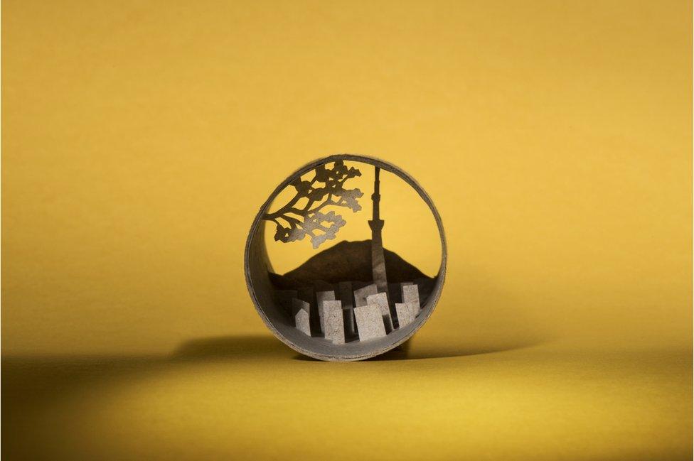 Tokyo, Japan depicted inside a toilet roll