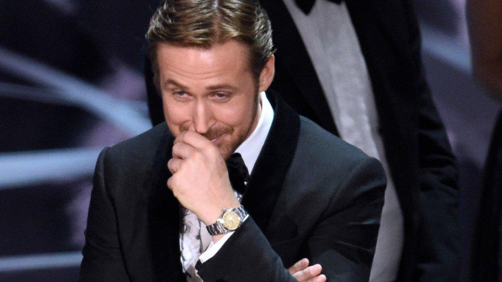 Ryan Gosling reacts as the true winner of best picture is announced at the Oscars on Sunday, Feb. 26, 2017, at the Dolby Theatre in Los Angeles.