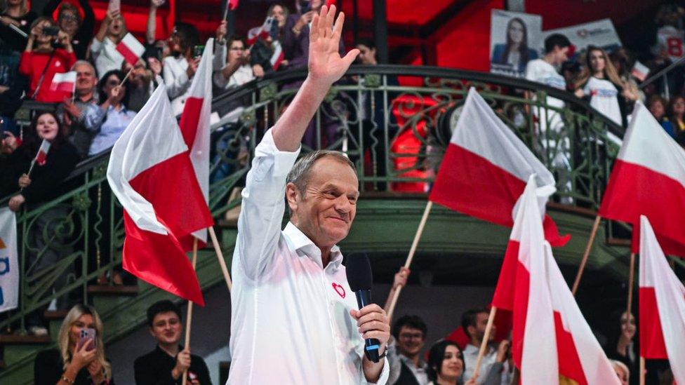 Donald Tusk addresses a crowd ahead of Poland's election in October 2023