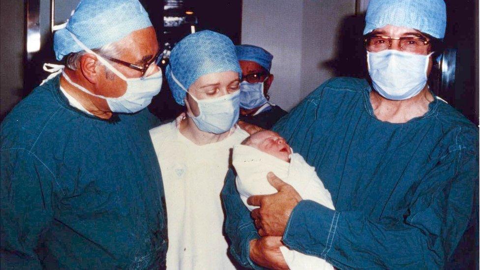 From left: Gynaecologist Patrick Steptoe, embryologist Jean Purdy and physiologist Robert Edwards at the birth of Louise Brown on 25 July 1978