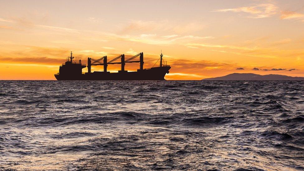 Cargo ship with grain at sea