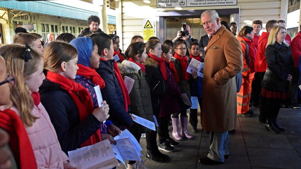 Prince Charles at Cardiff Central Station with school children