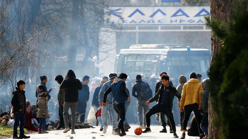 Migrants at Greece's Kastanies border crossing