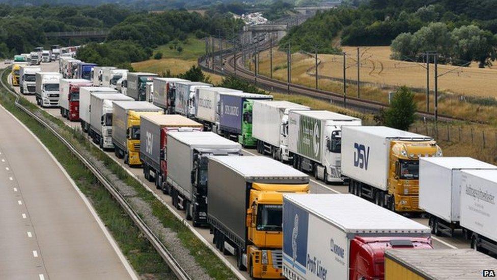 Lorries parked on the M20 near Charing, Kent, as part of Operation Stack