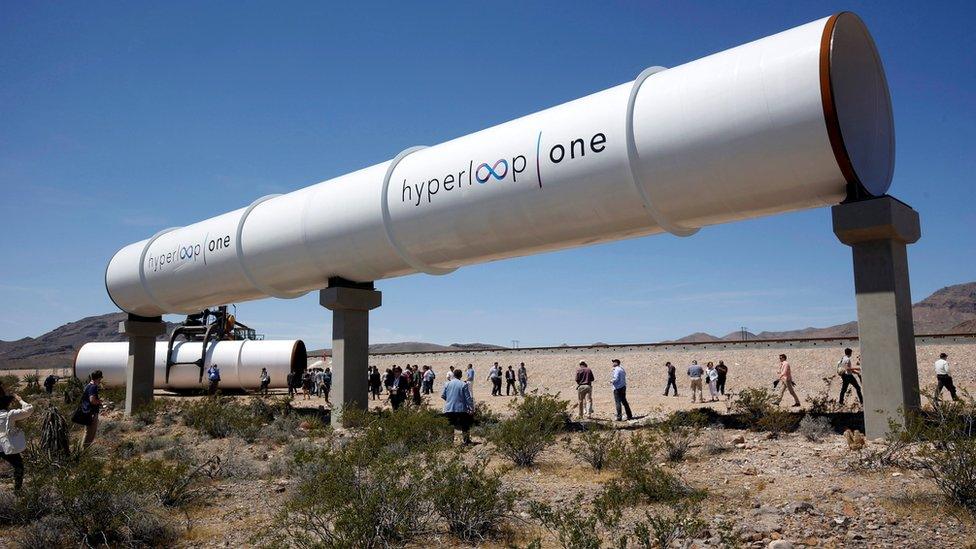 Hyperloop tubes are displayed during the first test of the propulsion system at the Hyperloop One Test and Safety site