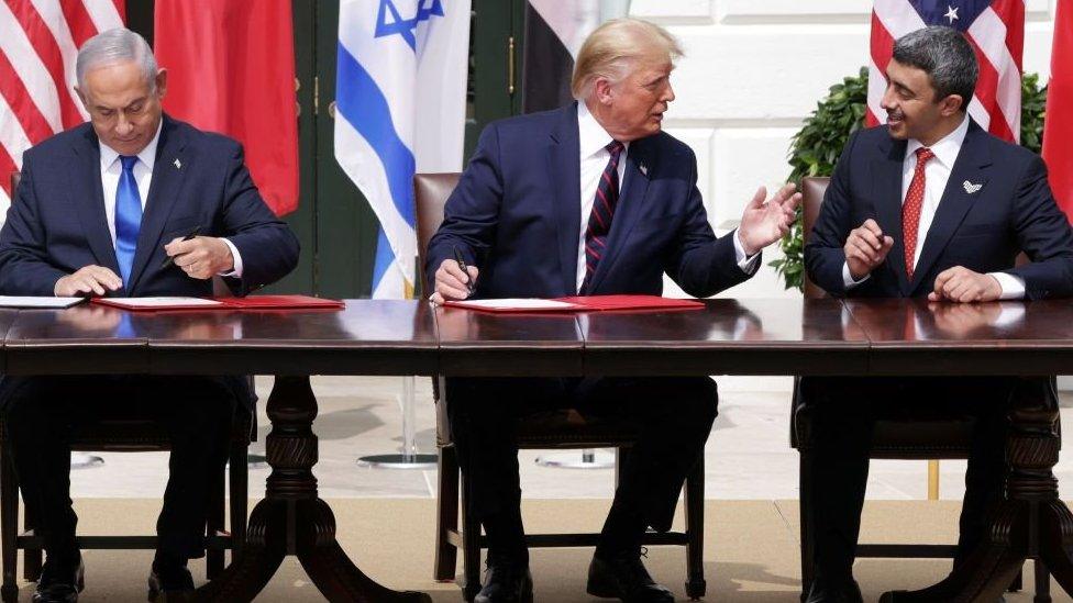 Prime Minister of Israel Benjamin Netanyahu, U.S. President Donald Trump, and Foreign Affairs Minister of the United Arab Emirates Abdullah bin Zayed bin Sultan Al Nahyan (left to right) participate in the signing ceremony of the Abraham Accords on the South Lawn of the White House on September 15, 2020 in Washington, DC.