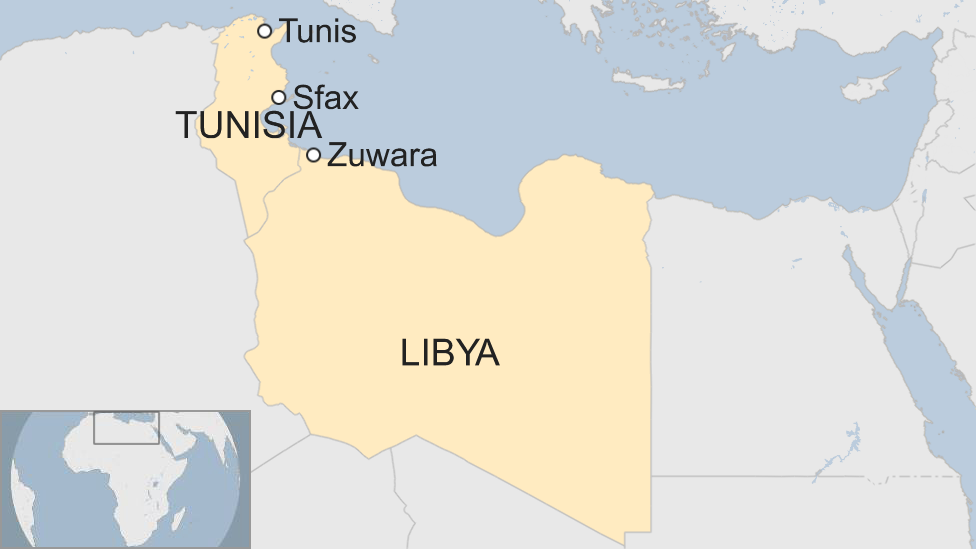 A map showing Libya, Tunisia, and the locations of the cities of Tunis, Sfax, and Zuwarah