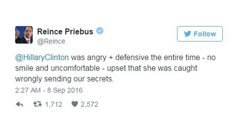 Reince Priebus tweeted Hillary Clinton was "was angry + defensive the entire time - no smile and uncomfortable - upset that she was caught wrongly sending our secrets."