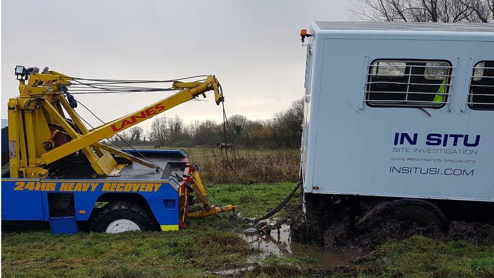 A recovery truck stuck in the peat