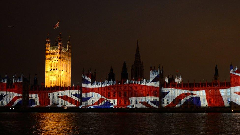 The Union flag is projected onto the Houses of Parliament during the opening of the 2012 Olympic Games