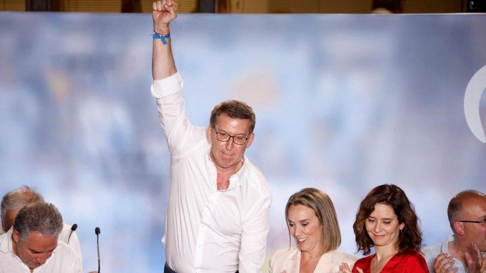 Spain's opposition People's Party leader Alberto Nunez Feijoo gestures during the general election, in Madrid, Spain, July 24, 2023