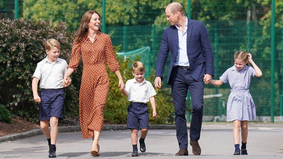 Prince George, the Duchess of Cambridge, Prince Louis, the Duke of Cambridge and Princess Charlotte walking hand-in-hand on the children's first day at Lambrook School