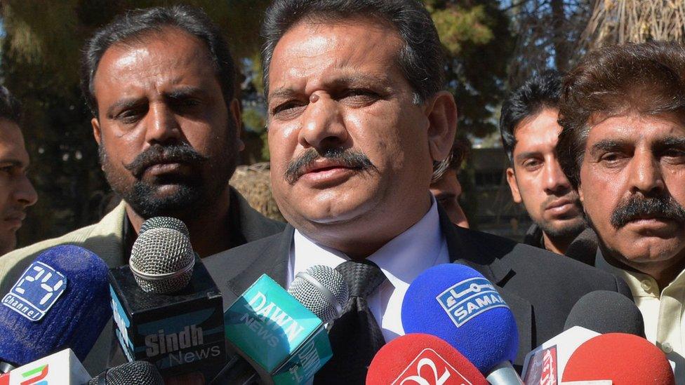 Pakistani lawyer for the family of late Baloch rebel leader Nawab Akbar Bugti, Sohail Rajput (C), speaks after a hearing in Quetta on January 18, 2016