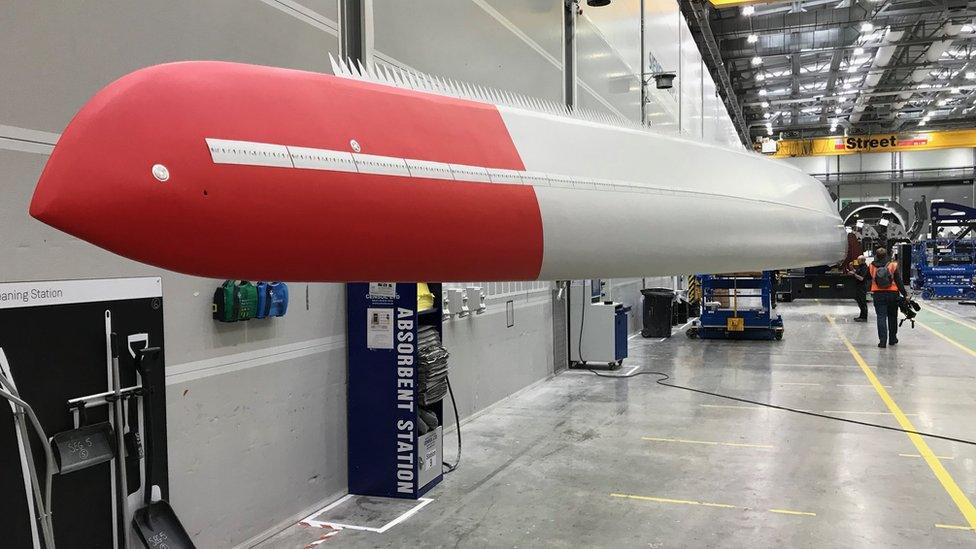 Wind turbine blade inside factory