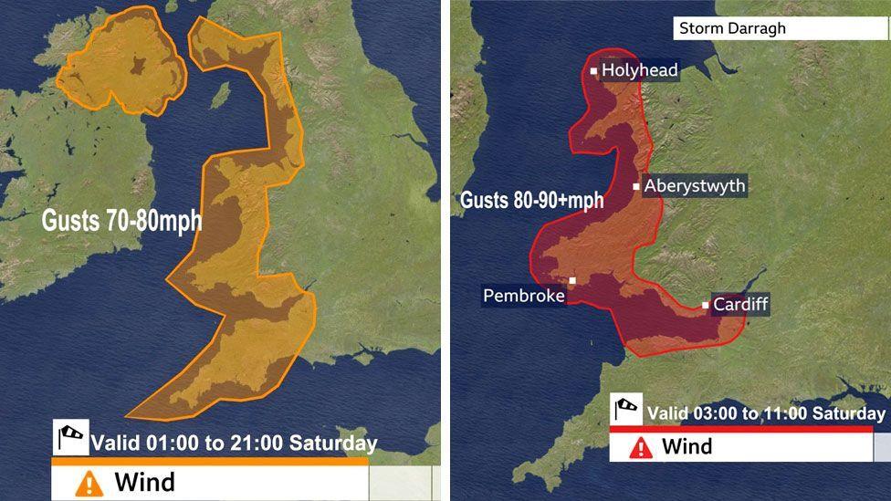 Two maps of the UK side by side. One has the amber warning covering the west coast and Northern Ireland. The other has a red warning over the Welsh coast and part of the South West of England