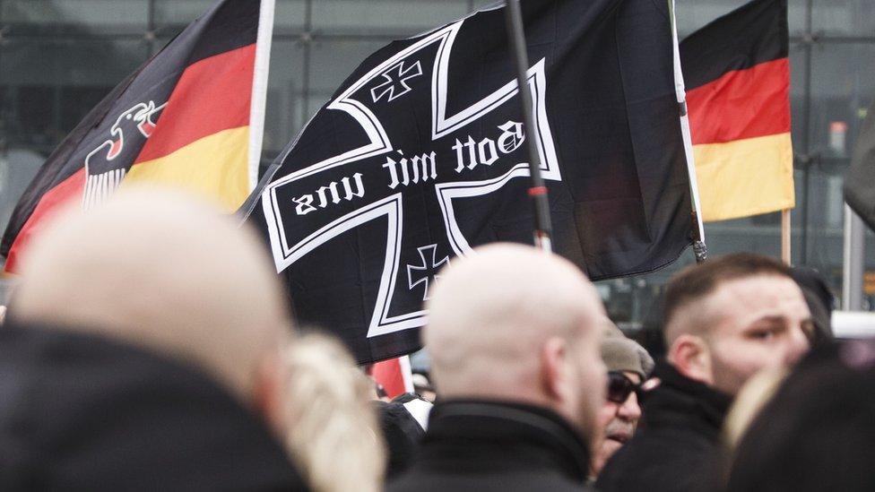 Right-wing activists gather to march in the city centre and protest against German Chancellor Angela Merkel on March 12, 2016 in Berlin, Germany.