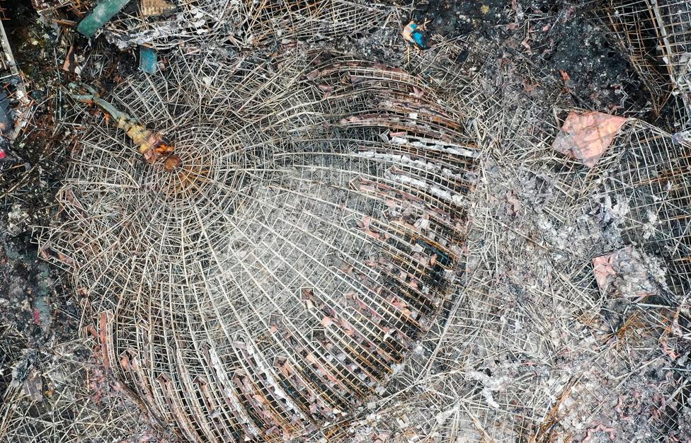 A photo taken with a drone shows the collapsed dome of the Jakarta Islamic Centre Grand Mosque in Jakarta, Indonesia, 21 October 2022.