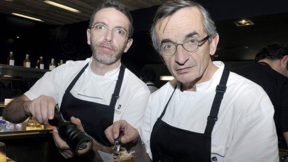 French chef Michel Bras (R) at work with his son, Sebastien Bras