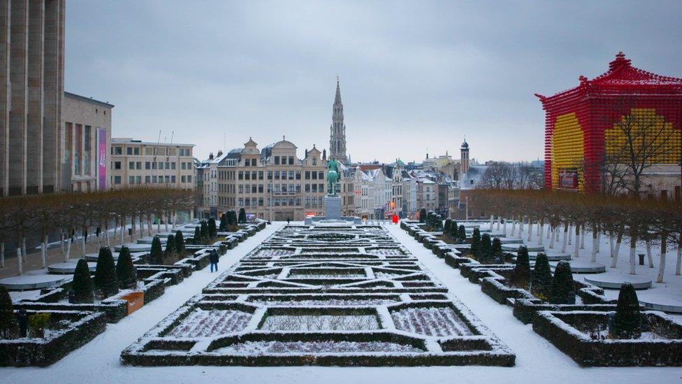 The Mont des Arts place in Belgium covered with snow on 9 January 2010