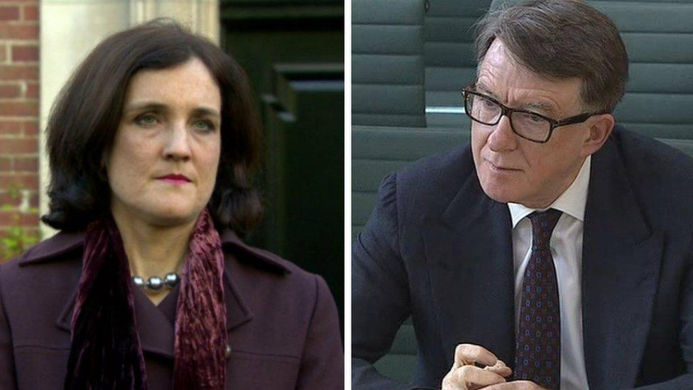 The current Northern Ireland Secretary of State Theresa Villiers and her predecessor Lord Mandelson