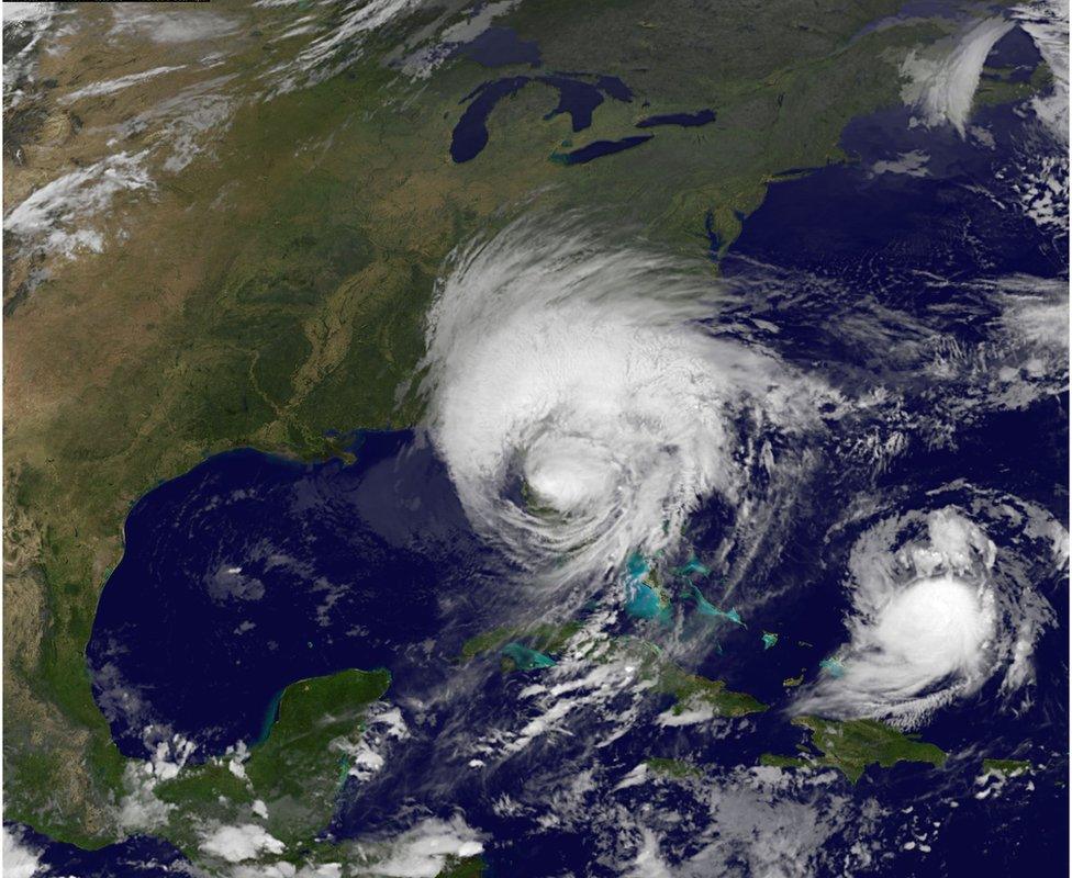 GOES satellite shows Hurricane Irma as it moves on the Florida coast as Tropical Storm Jose (R) moves west in the Atlantic Ocean taken at 05:30 GMT, 11 September