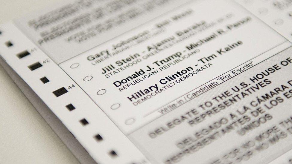 An absentee ballot featuring voting options for the US presidential election