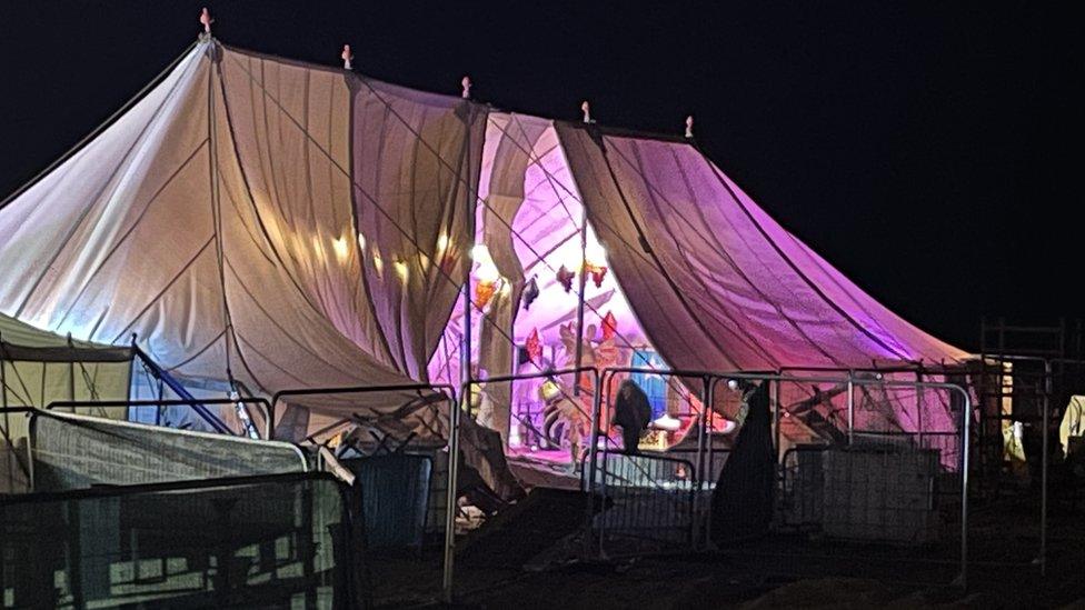 The beer tent marquee at the Fire on the Water festival was ripped by stormy weather