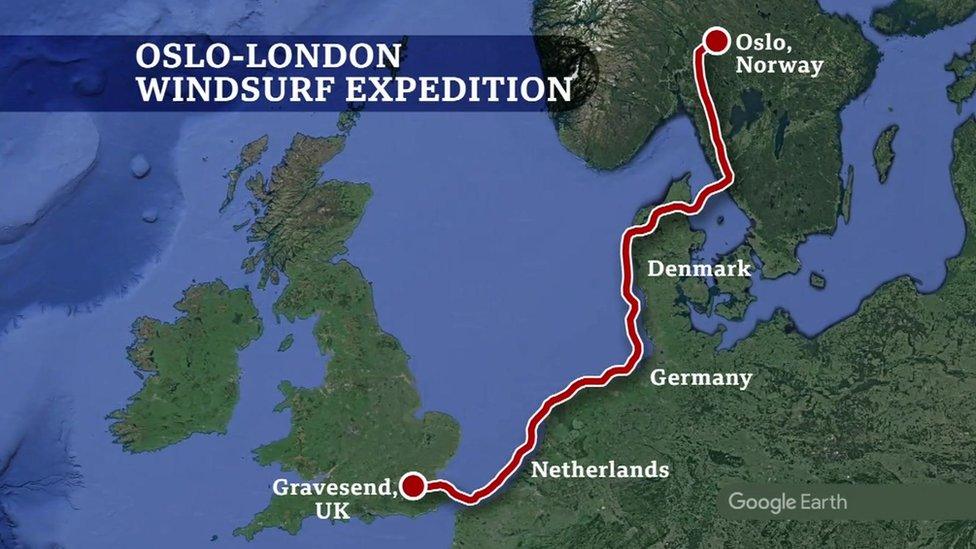 Graphic map showing Mr Tinga's route through Norway, Denmark, Germany and the Netherlands and the UK.