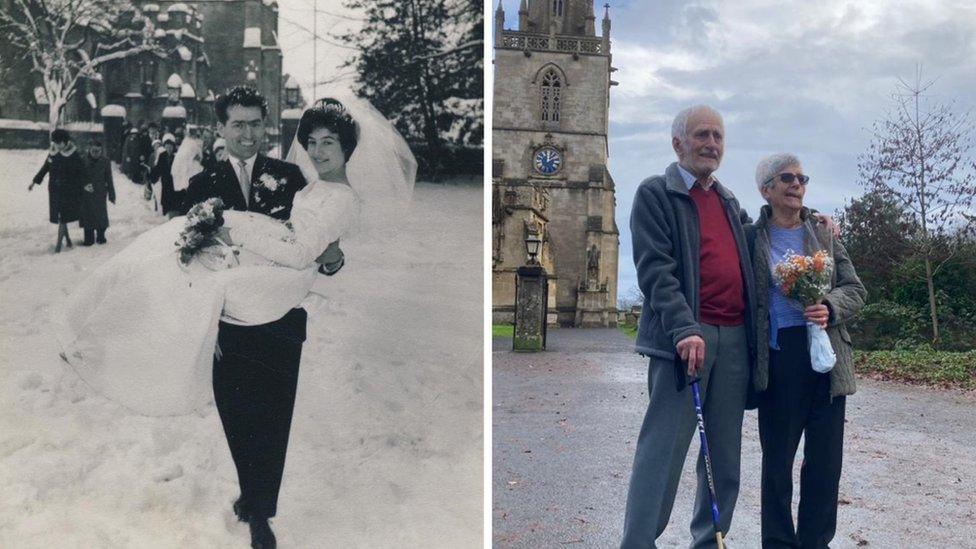 Two photos of Geoff and Margaret Davis outside Corsham's St Bartholomew's Church. The first in 1963, Geoff carrying Margaret through the snow and the second in 2023 with the happy couple standing together in the same spot